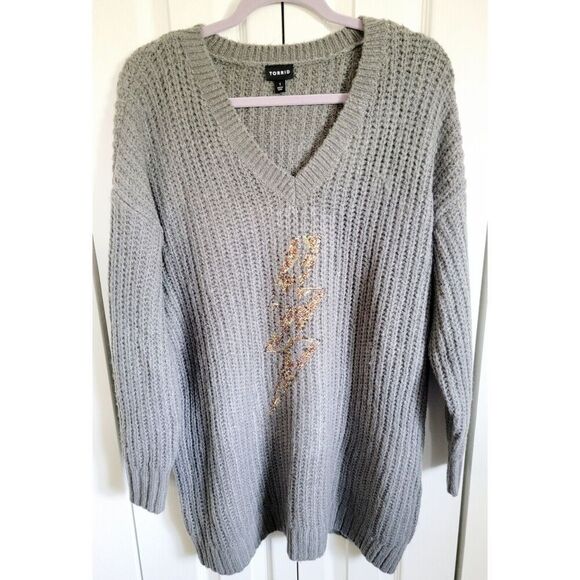 Torrid 1 Gray Cable Knit Heavy Warm Cozy Sweater Pullover Lightning Bolt Beading - Picture 2 of 10
